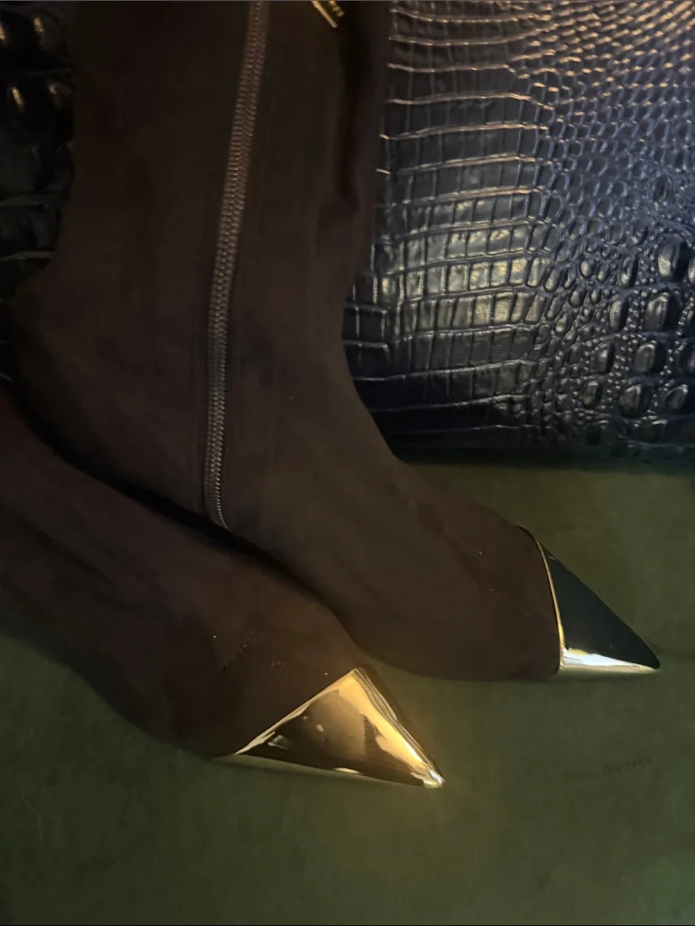 Schultz Black Over-the-Knee Zip Accent Boots with Gold Trim